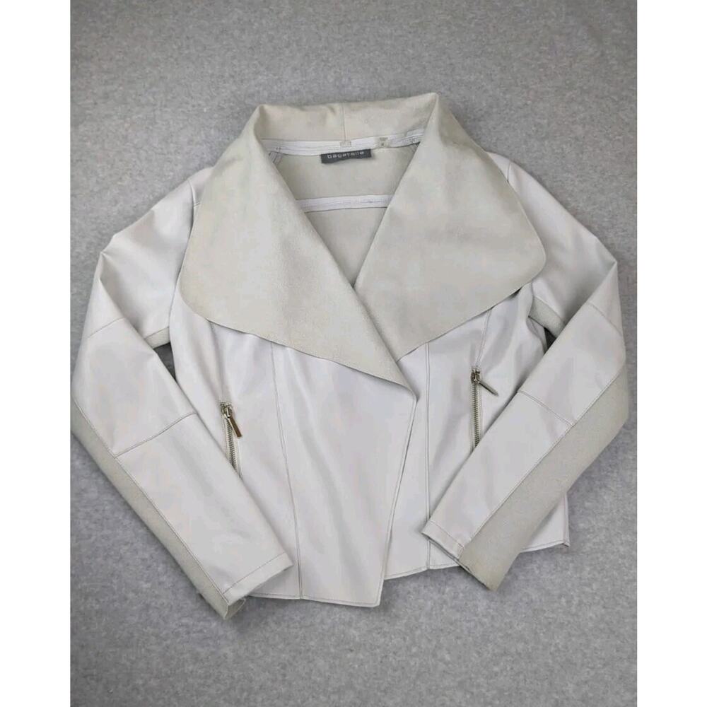 Bagatelle Womens Moto Jacket SM Ivory Drape Open Front Faux Leather Zip Pockets